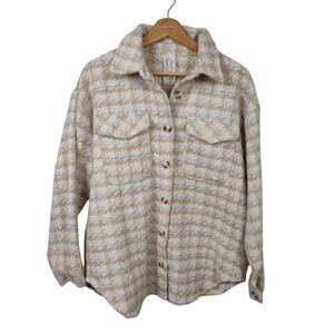 Anthropologie Sadie & Sage Women's Houndstooth Shacket Jacket Small Cream Tan